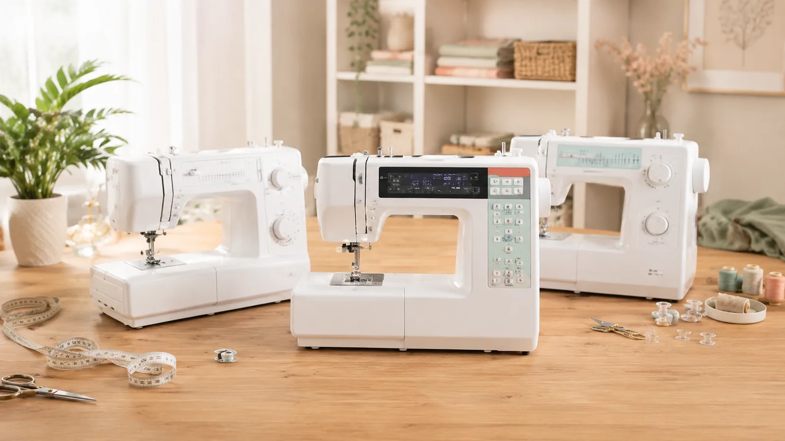 Drie naaimachines naast elkaar op houten tafel