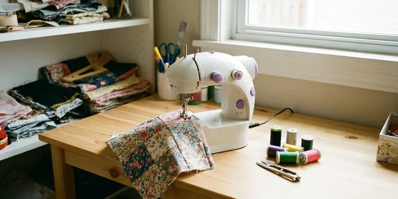 Compacte mini naaimachine op een bureau in hobbyhoek