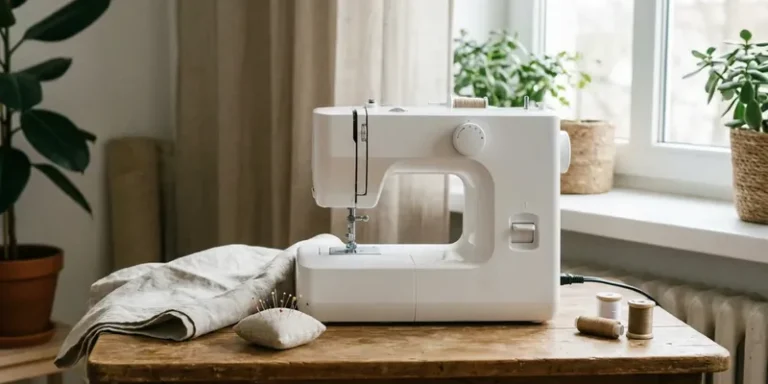 Compacte witte naaimachine op houten tafel bij het raam
