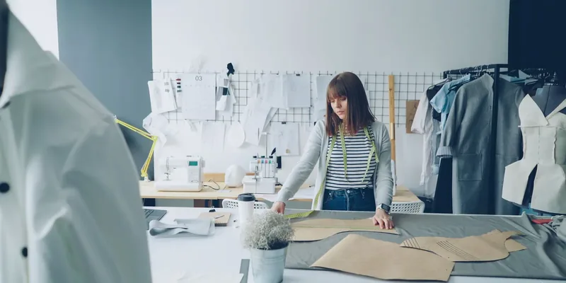 Patroondelen van papier op stof in naaiatelier