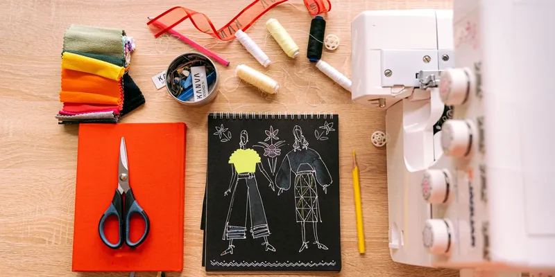 Flatlay met schetsboek, stofstalen en lockmachine