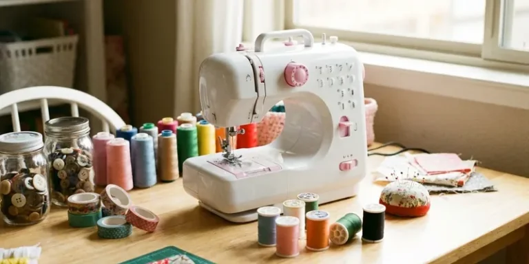 Klein wit naaimachientje in vrolijke crafthoek