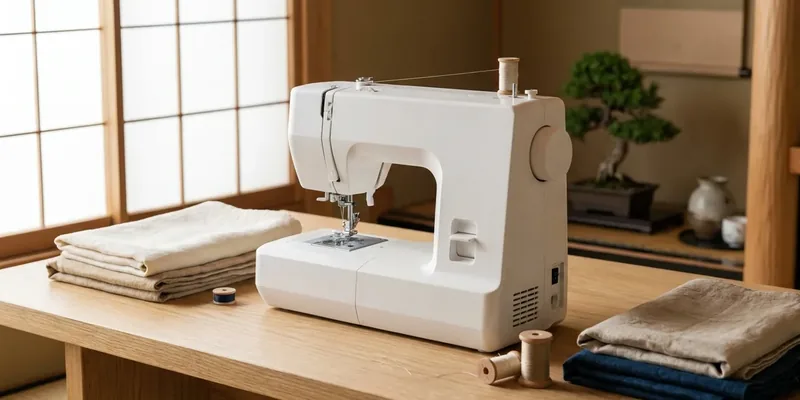 Moderne witte naaimachine in minimalistisch atelier