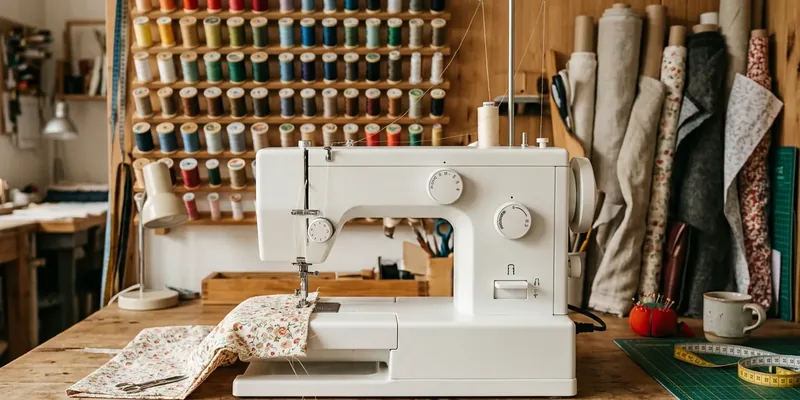 Robuuste naaimachine in atelier met garenrekken