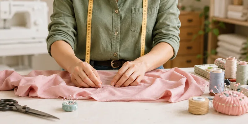 Naaister speldt roze stof op werktafel