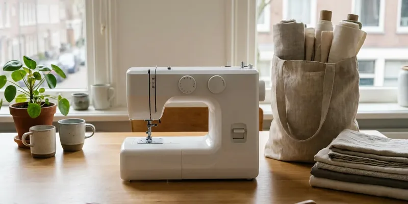 Compacte budgetnaaimachine op keukentafel