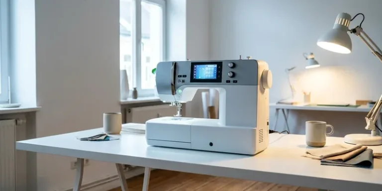 Elektronische naaimachine met display op modern bureau