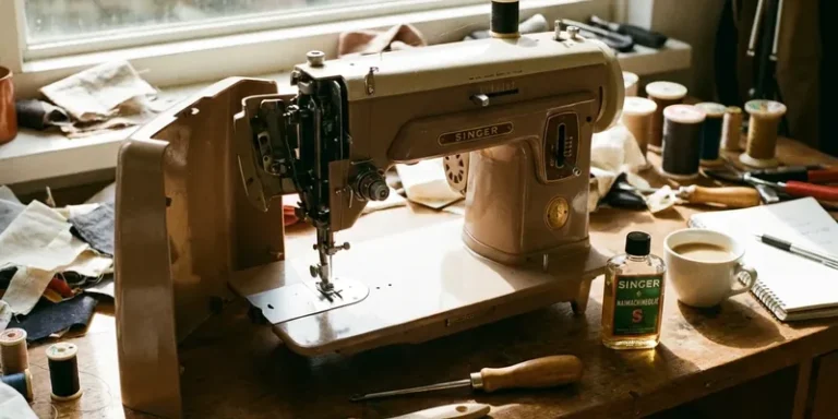 Naaimachine met gereedschap en olie op werkbank