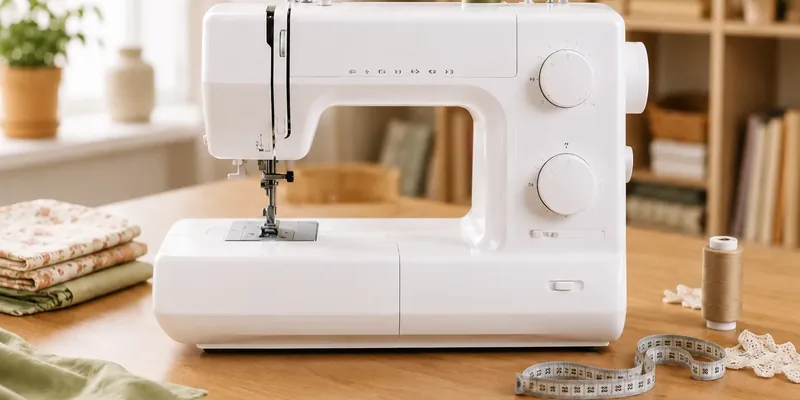 Witte naaimachine op houten tafel