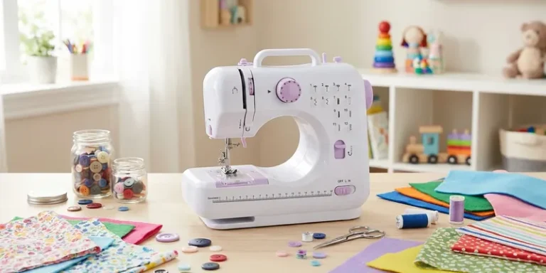 Kindernaaimachine met gekleurde lapjes en vilt