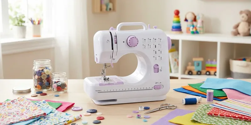 Kindernaaimachine met gekleurde lapjes en vilt