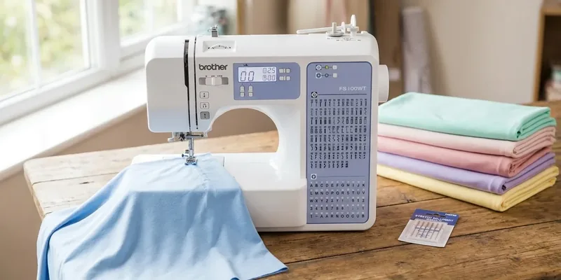 Naaimachine met tricotstof en jersey in pasteltinten
