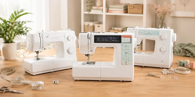 Drie naaimachines naast elkaar op houten tafel