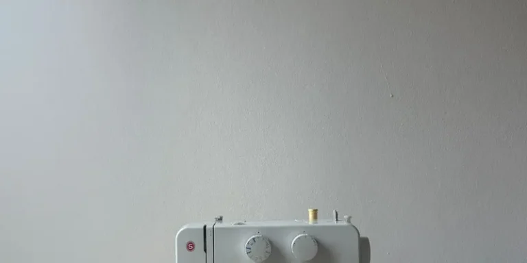 Naaimachine met stof op tafel tegen lichte muur