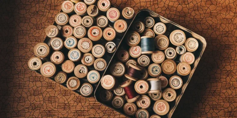 Vintage houten garenklosjes in blikken doos