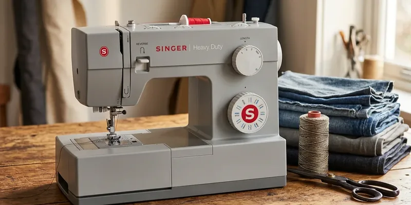 Singer Heavy Duty naaimachine op houten werkbank