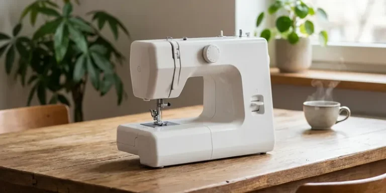 Compacte witte naaimachine op eettafel in huiskamer