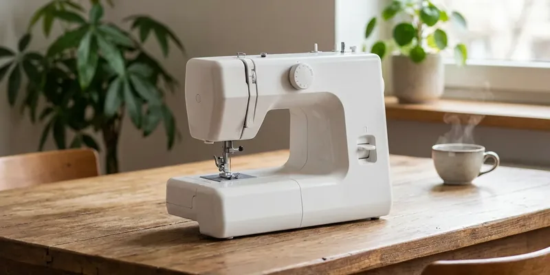Compacte witte naaimachine op eettafel in huiskamer