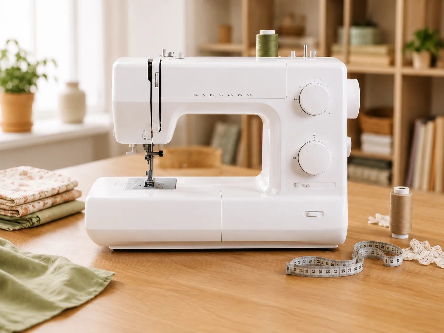 Witte naaimachine op houten tafel
