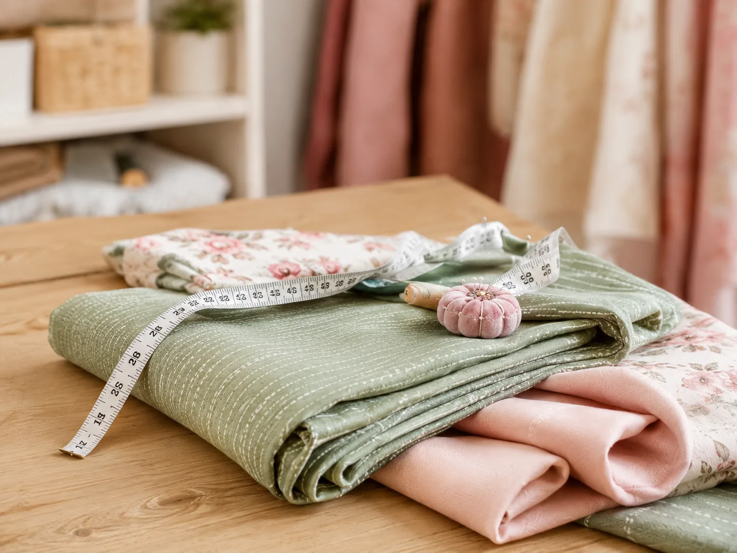 Gevouwen stoffen met meetlint en speldenkussen
